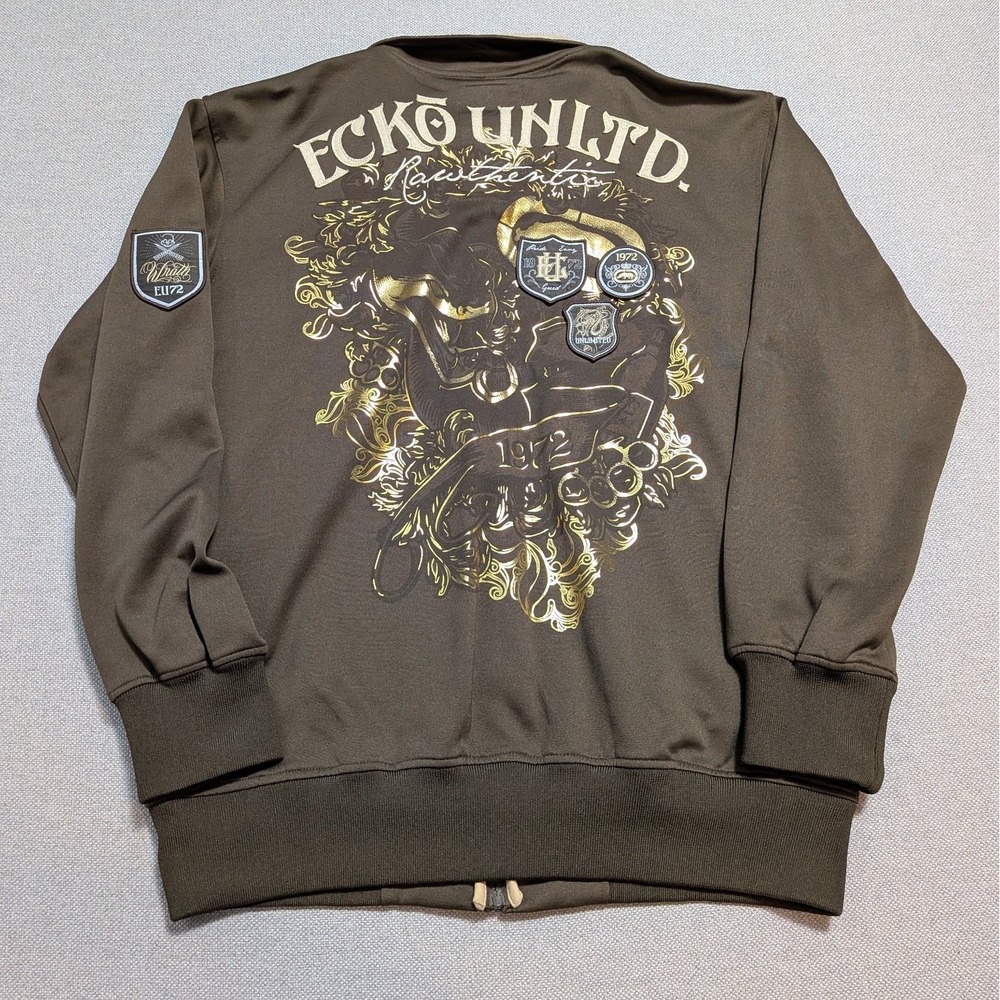 VTG Ecko Unltd Slither Track Jacket Men L Brown Gold Rhino Hip Hop Streetwear